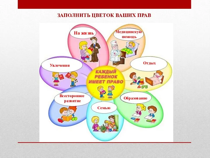 ЗАПОЛНИТЬ ЦВЕТОК ВАШИХ ПРАВ На жизнь Медицинскую помощь Всестороннее развитие Отдых Увлечения Семью Образование