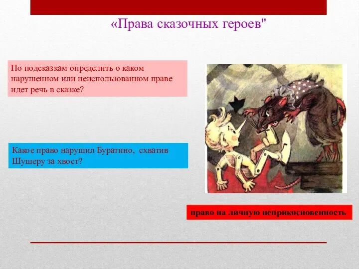 «Права сказочных героев" По подсказкам определить о каком нарушенном или неиспользованном праве