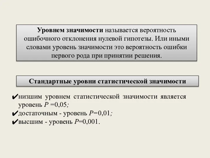 Уровнем значимости называется вероятность ошибочного отклонения нулевой гипотезы. Или иными словами уровень