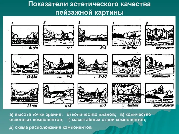 Показатели эстетического качества пейзажной картины а) высота точки зрения; б) количество планов;