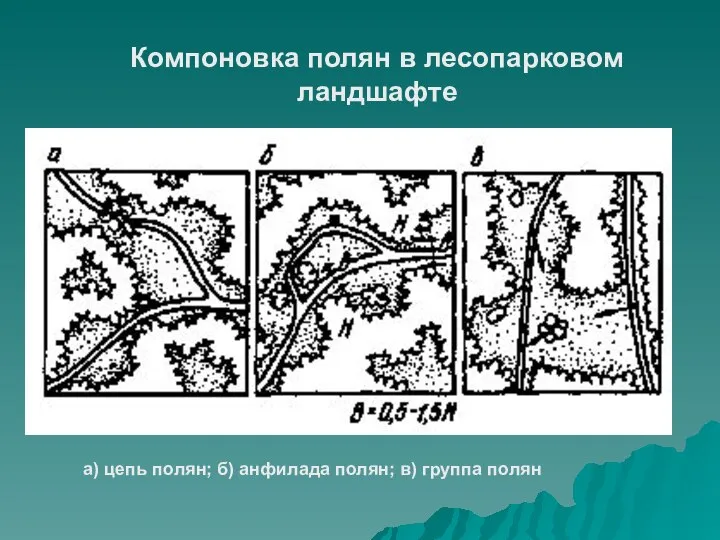 Компоновка полян в лесопарковом ландшафте а) цепь полян; б) анфилада полян; в) группа полян