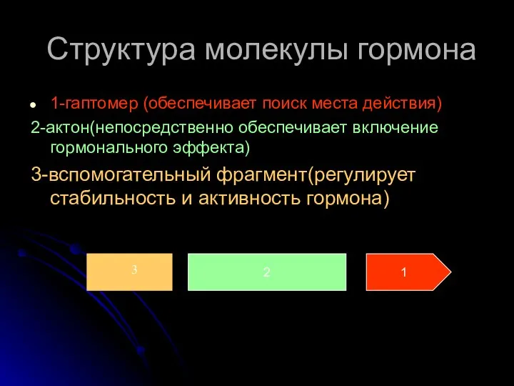 Структура молекулы гормона 1-гаптомер (обеспечивает поиск места действия) 2-актон(непосредственно обеспечивает включение гормонального