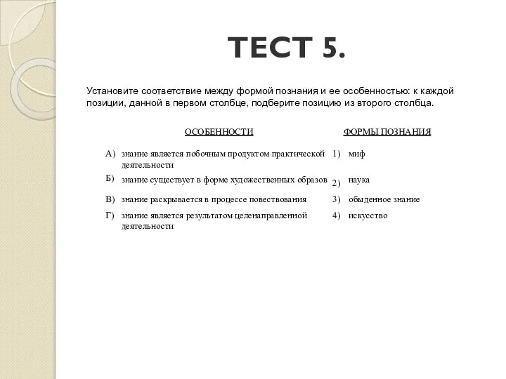 ТЕСТ 5. Установите соответствие между формой познания и ее особенностью: к каждой