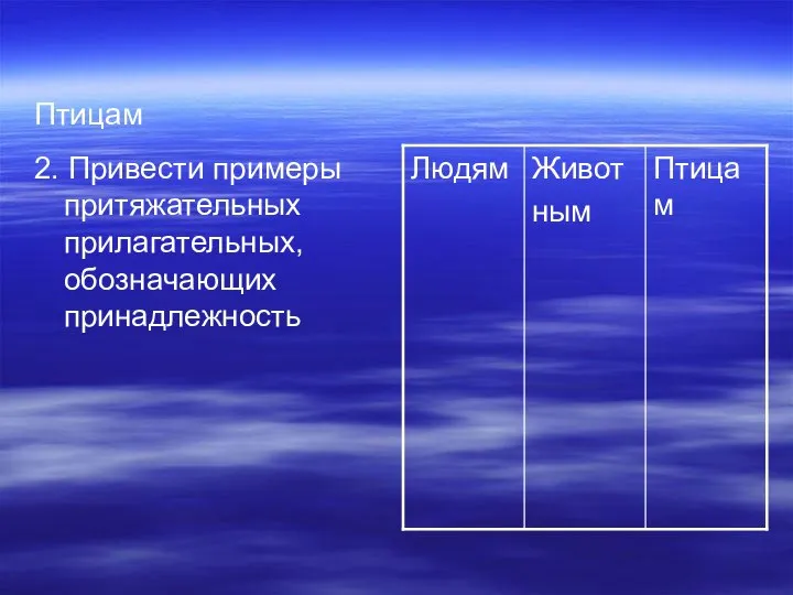 Птицам 2. Привести примеры притяжательных прилагательных, обозначающих принадлежность