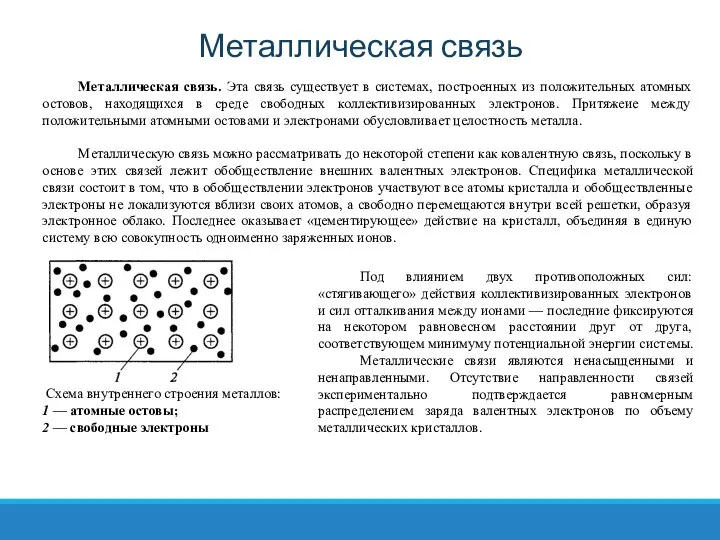 Металлическая связь Металлическая связь. Эта связь существует в системах, построенных из положительных