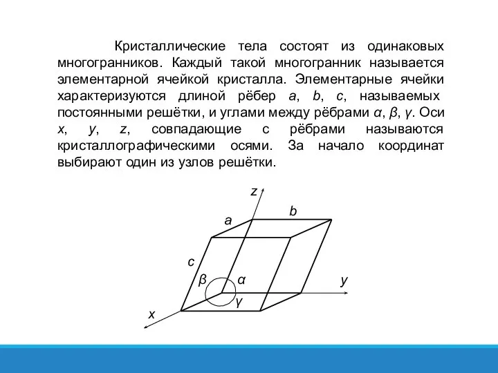 Кристаллические тела состоят из одинаковых многогранников. Каждый такой многогранник называется элементарной ячейкой