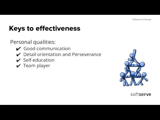 Keys to effectiveness Personal qualities: Good communication Detail orientation and Perseverance Self-education Team player