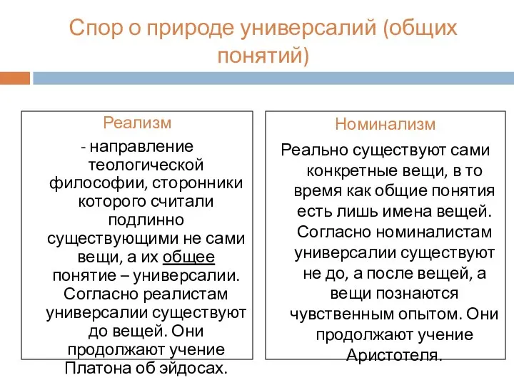 Спор о природе универсалий (общих понятий) Реализм - направление теологической философии, сторонники