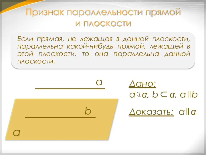 Если прямая, не лежащая в данной плоскости, параллельна какой-нибудь прямой, лежащей в