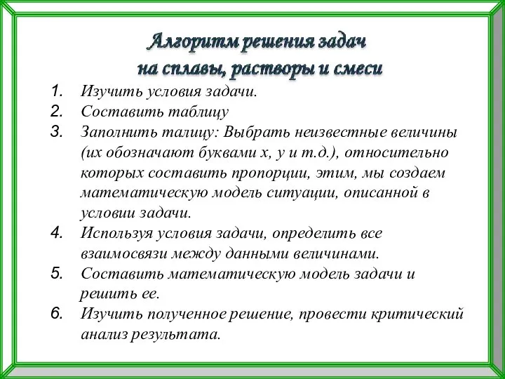 Изучить условия задачи. Составить таблицу Заполнить талицу: Выбрать неизвестные величины (их обозначают