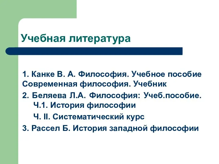 Учебная литература 1. Канке В. А. Философия. Учебное пособие Современная философия. Учебник