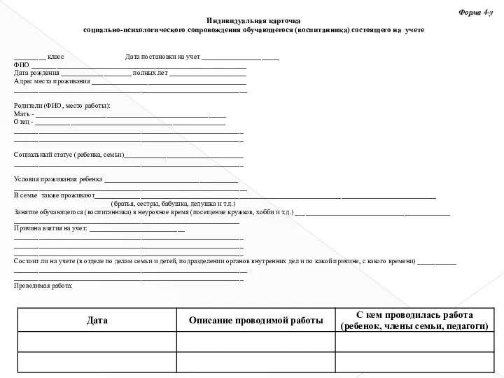 Форма 4-у Индивидуальная карточка социально-психологического сопровождения обучающегося (воспитанника) состоящего на учете _________