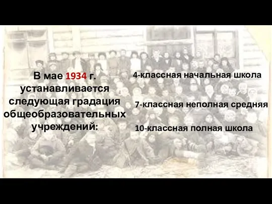 В мае 1934 г. устанавливается следующая градация общеобразовательных учреждений: 4-классная начальная школа