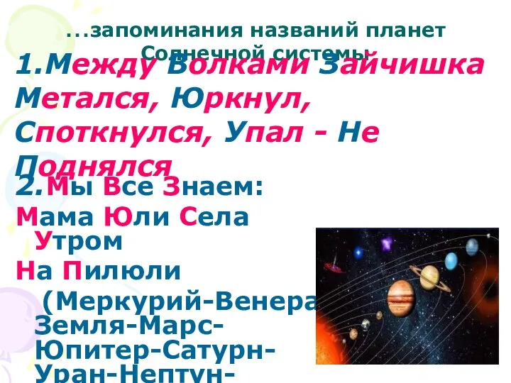 …запоминания названий планет Солнечной системы 2.Мы Все Знаем: Мама Юли Села Утром