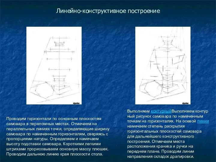 Линейно-конструктивное построение Проводим горизонтали по основным плоскостям самовара в переломных местах. Отмечаем