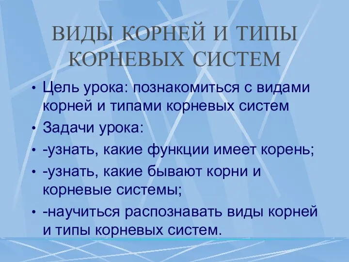 ВИДЫ КОРНЕЙ И ТИПЫ КОРНЕВЫХ СИСТЕМ Цель урока: познакомиться с видами корней