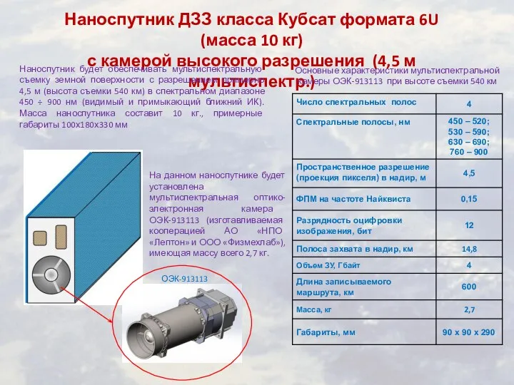 Наноспутник ДЗЗ класса Кубсат формата 6U (масса 10 кг) с камерой высокого