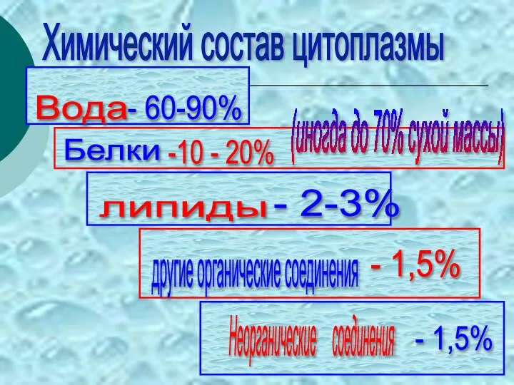 Химический состав цитоплазмы Вода (иногда до 70% сухой массы) липиды другие органические