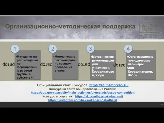 https://memory45.su/ Организационно-методическая поддержка Официальный сайт Конкурса: https://ec.memory45.su/ Конкурс на сайте Минпросвещения России: