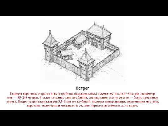 Размеры воротных острогов и их устройство варьировались: высота достигала 4−6 метров, периметр