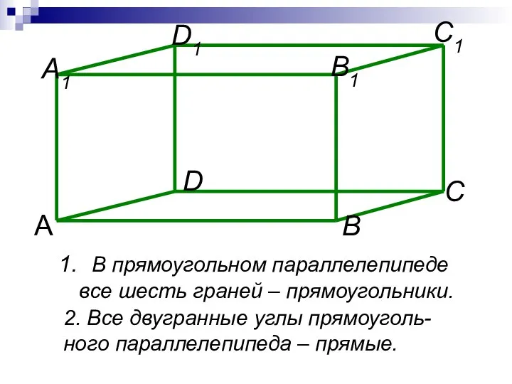 В прямоугольном параллелепипеде все шесть граней – прямоугольники. 2. Все двугранные углы