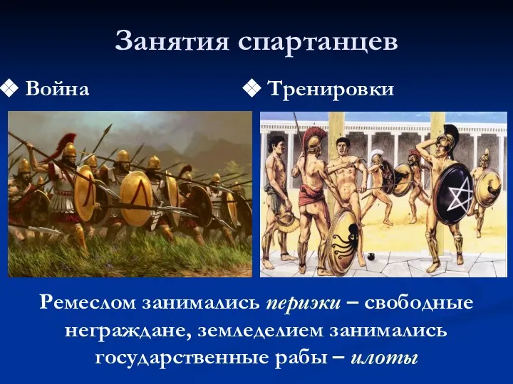 Занятия спартанцев Война Тренировки Ремеслом занимались периэки – свободные неграждане, земледелием занимались государственные рабы – илоты