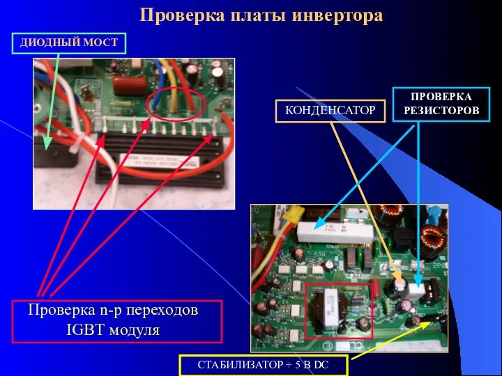 Проверка платы инвертора Проверка n-p переходов IGBT модуля ПРОВЕРКА РЕЗИСТОРОВ КОНДЕНСАТОР СТАБИЛИЗАТОР