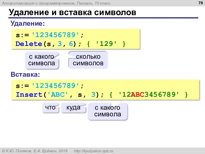 Удаление и вставка символов Вставка: s:= '123456789'; Insert('ABC', s, 3); { '12ABC3456789'