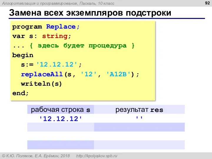 Замена всех экземпляров подстроки program Replace; var s: string; ... { здесь