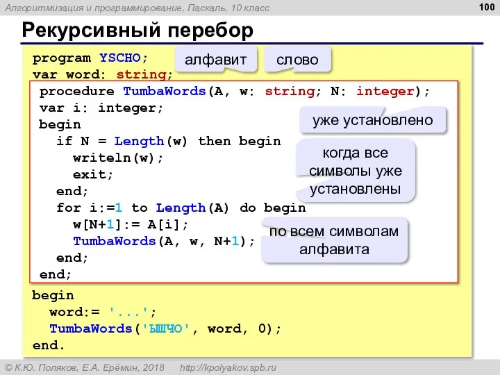 Рекурсивный перебор program YSCHO; var word: string; begin word:= '...'; TumbaWords('ЫШЧО', word,