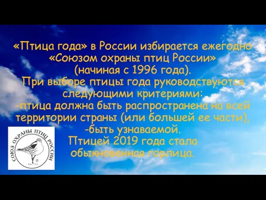 «Птица года» в России избирается ежегодно «Союзом охраны птиц России» (начиная с