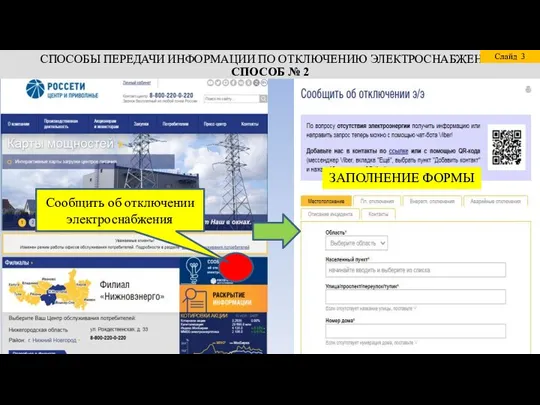 СПОСОБЫ ПЕРЕДАЧИ ИНФОРМАЦИИ ПО ОТКЛЮЧЕНИЮ ЭЛЕКТРОСНАБЖЕНИЯ СПОСОБ № 2 Слайд Сообщить об отключении электроснабжения ЗАПОЛНЕНИЕ ФОРМЫ