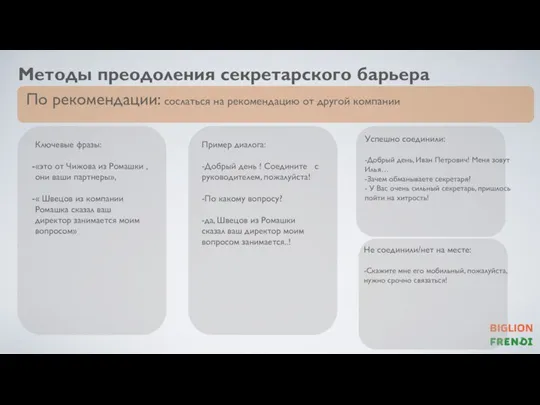 Методы преодоления секретарского барьера По рекомендации: сослаться на рекомендацию от другой компании