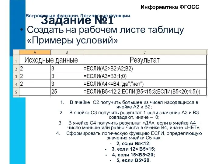 Встроенные функции. Логические функции. Информатика ФГОСС Задание №1 Создать на рабочем листе