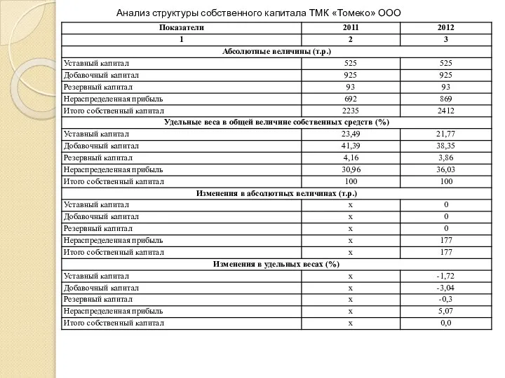 Анализ структуры собственного капитала ТМК «Томеко» ООО