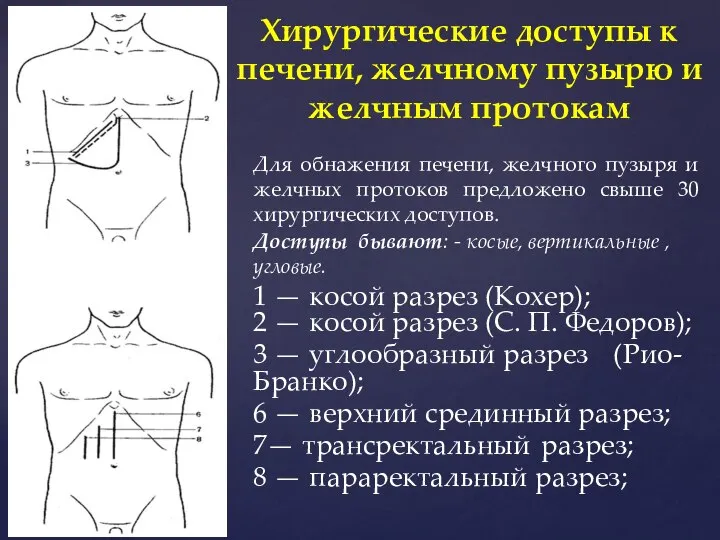 Для обнажения печени, желчного пузыря и желчных протоков предложено свыше 30 хирургических