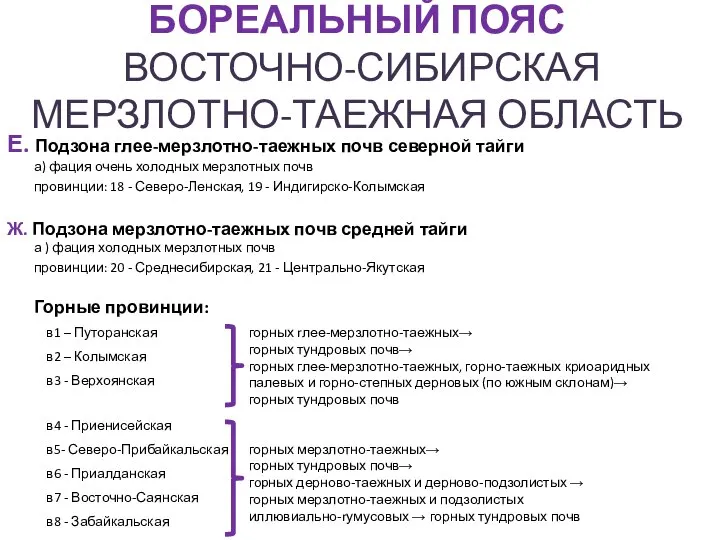 БОРЕАЛЬНЫЙ ПОЯС ВОСТОЧНО-СИБИРСКАЯ МЕРЗЛОТНО-ТАЕЖНАЯ ОБЛАСТЬ Е. Подзона глее-мерзлотно-таежных почв северной тайги а)