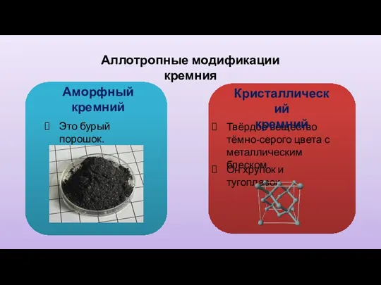 Аллотропные модификации кремния Это бурый порошок. Аморфный кремний Твёрдое вещество тёмно-серого цвета