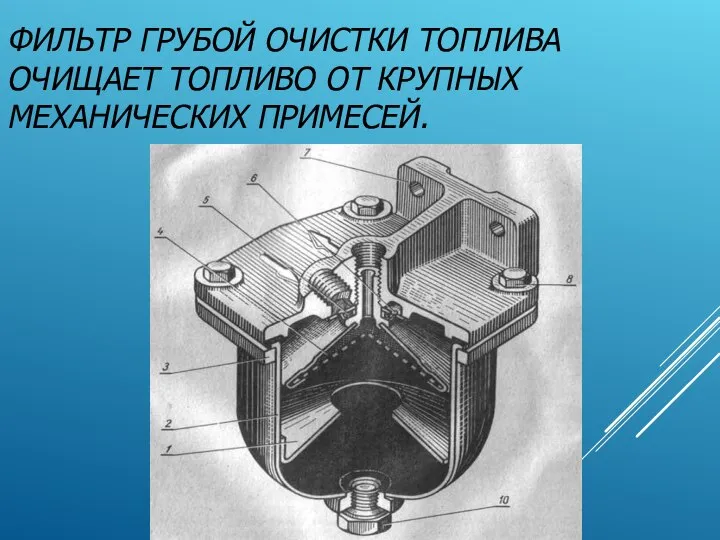 ФИЛЬТР ГРУБОЙ ОЧИСТКИ ТОПЛИВА ОЧИЩАЕТ ТОПЛИВО ОТ КРУПНЫХ МЕХАНИЧЕСКИХ ПРИМЕСЕЙ.