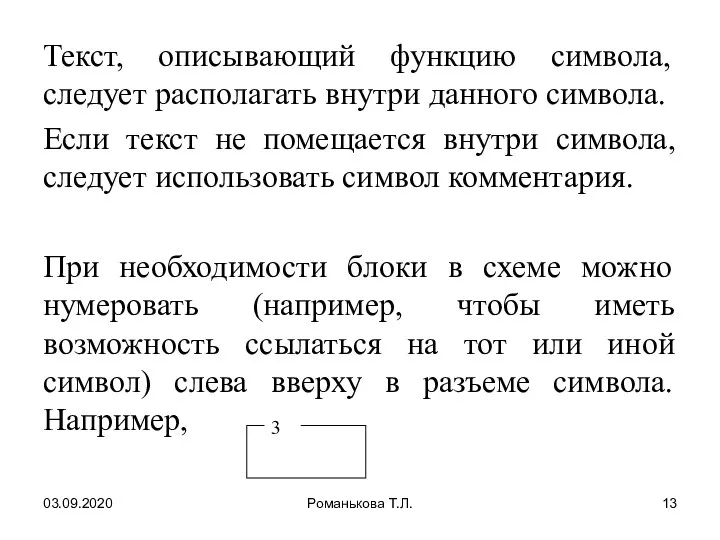 03.09.2020 Романькова Т.Л. Текст, описывающий функцию символа, следует располагать внутри данного символа.