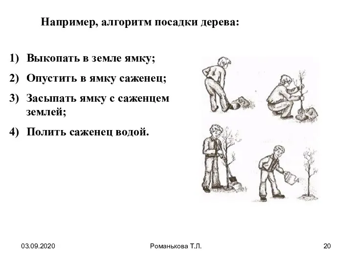 03.09.2020 Романькова Т.Л. Например, алгоритм посадки дерева: Выкопать в земле ямку; Опустить