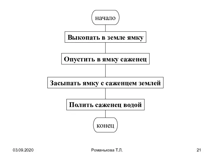 03.09.2020 Романькова Т.Л. начало Выкопать в земле ямку Опустить в ямку саженец