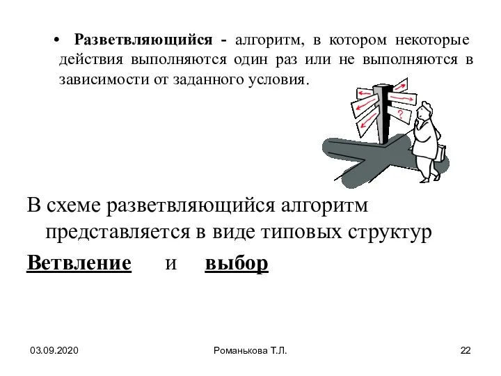 03.09.2020 Романькова Т.Л. В схеме разветвляющийся алгоритм представляется в виде типовых структур