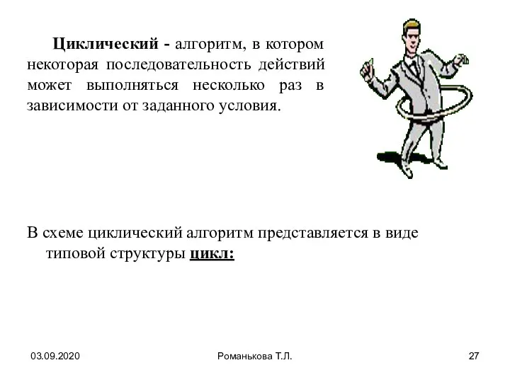 03.09.2020 Романькова Т.Л. В схеме циклический алгоритм представляется в виде типовой структуры