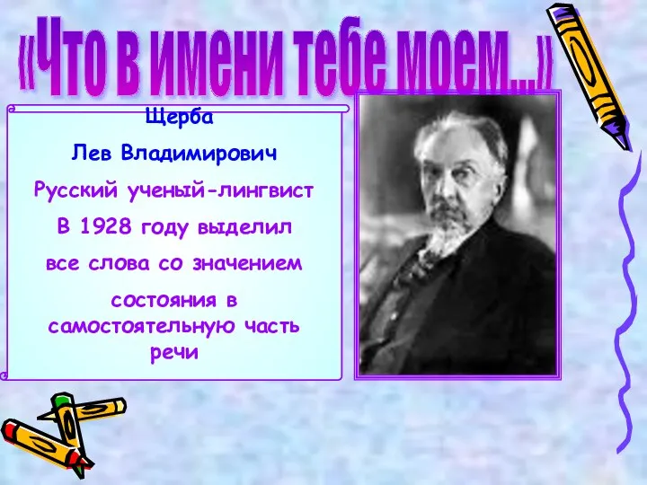 «Что в имени тебе моем…» Щерба Лев Владимирович Русский ученый-лингвист В 1928