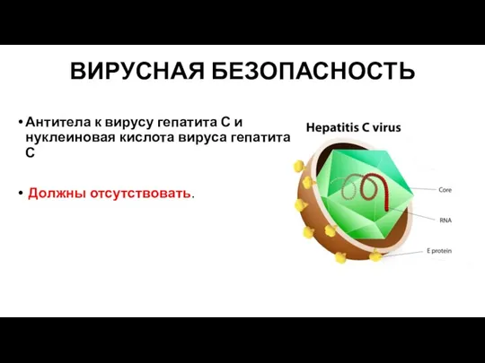 ВИРУСНАЯ БЕЗОПАСНОСТЬ Антитела к вирусу гепатита С и нуклеиновая кислота вируса гепатита С Должны отсутствовать.