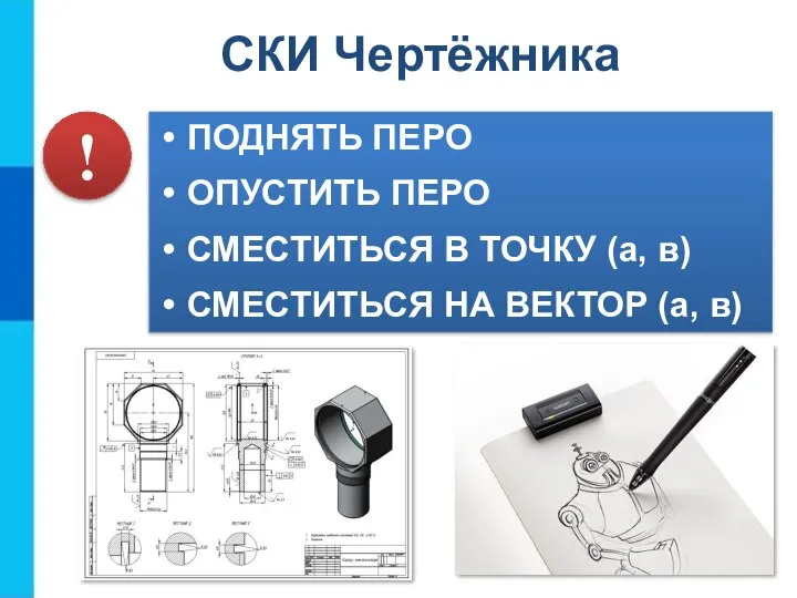 ПОДНЯТЬ ПЕРО ОПУСТИТЬ ПЕРО СМЕСТИТЬСЯ В ТОЧКУ (а, в) СМЕСТИТЬСЯ НА ВЕКТОР