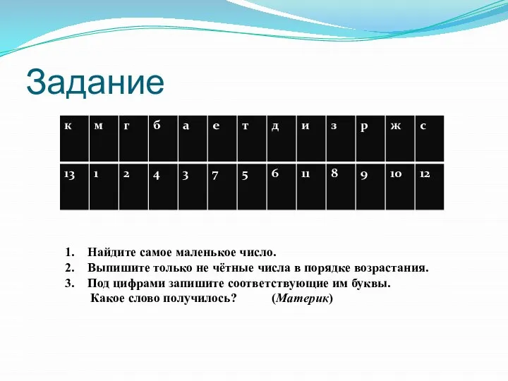 Задание Найдите самое маленькое число. Выпишите только не чётные числа в порядке