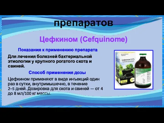Характеристика препаратов Цефкином (Cefquinomе) Показания к применению препарата Для лечения болезней бактериальной