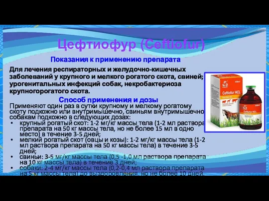 Цефтиофур (Ceftiofur) Показания к применению препарата Для лечения респираторных и желудочно-кишечных заболеваний
